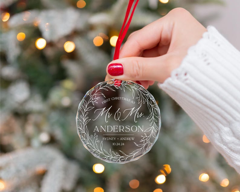 Personalized Our First Christmas As Mr And Mrs Married Ornament, Custom Beveled Crystal Glass Ornament, 2025 Newlyweds Wedding Gift