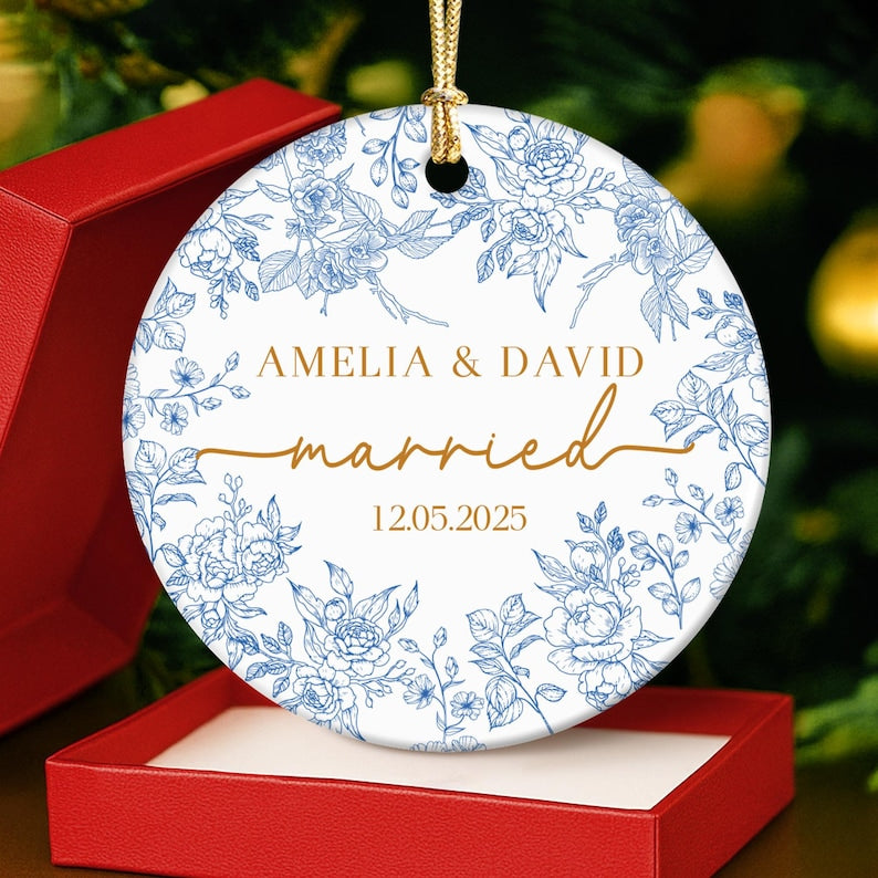 Personalized Wedding Ornament: Blue Toile Newlywed Keepsake