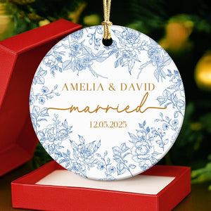 Personalized Wedding Ornament: Blue Toile Newlywed Keepsake