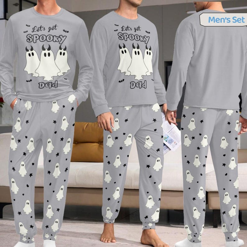 Ghost Pajama Set with Custom Name, Personalized Spooky Season Family Matching Loungewear, Long Sleeve Halloween Pjamas