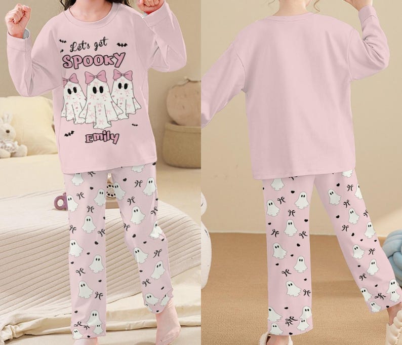 Ghost Pajama Set with Custom Name, Personalized Spooky Season Family Matching Loungewear, Long Sleeve Halloween Pjamas