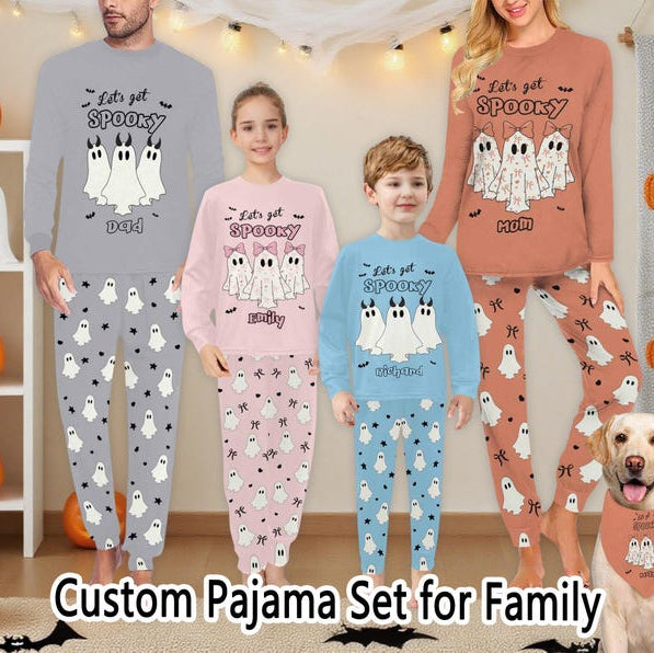 Ghost Pajama Set with Custom Name, Personalized Spooky Season Family Matching Loungewear, Long Sleeve Halloween Pjamas