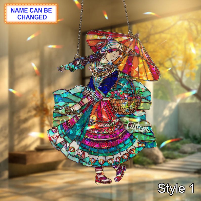 Personalized Holo H'mong Woman Acrylic Ornament, Custom Window Hanging Folk Art Decor, Unique Ethnic Cultural Gift for Home & Festival