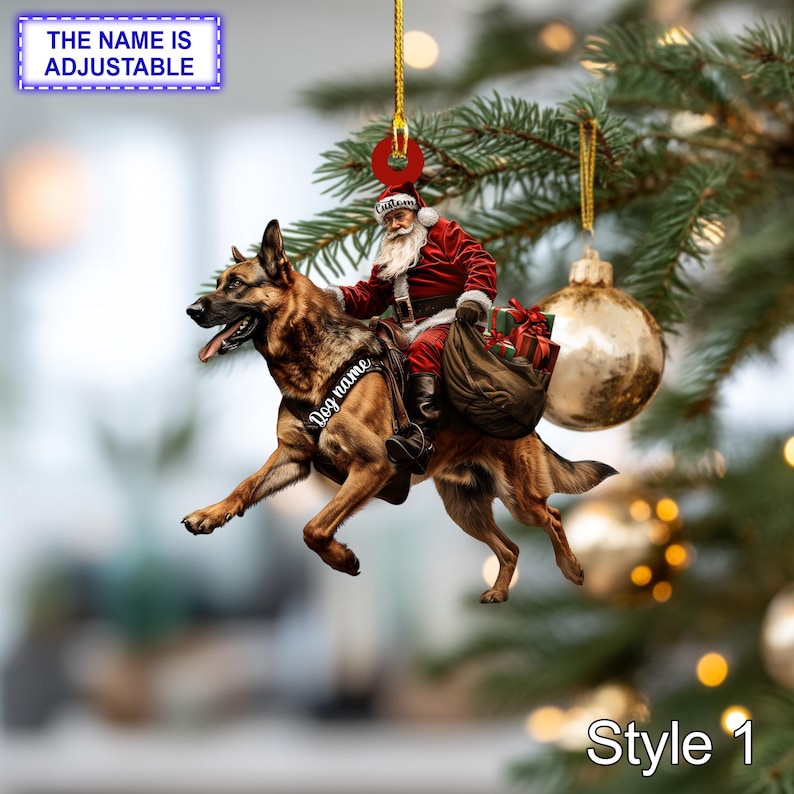 Santa Riding German Shepherd Christmas Ornament Funny Dog Lover Tree Hanging Decoration, Holiday Pet Gift, Custom German Shepherd Ornament