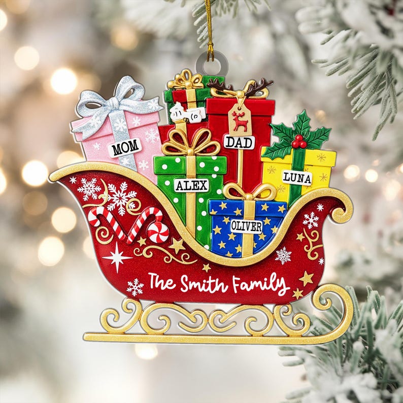 Personalized Family Name Ornament, Custom Family Sleigh Ornament, Custom Names Christmas Box Gift, Family Christmas Ornament, Family of Five