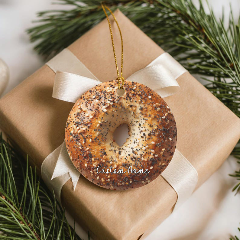 Bagel Ornament, Funny Foodie, NYC Host Gift, Christmas or Hanukkah Ornament, Stoner White Elephant Stocking Stuffer for Bagel Lover, Present