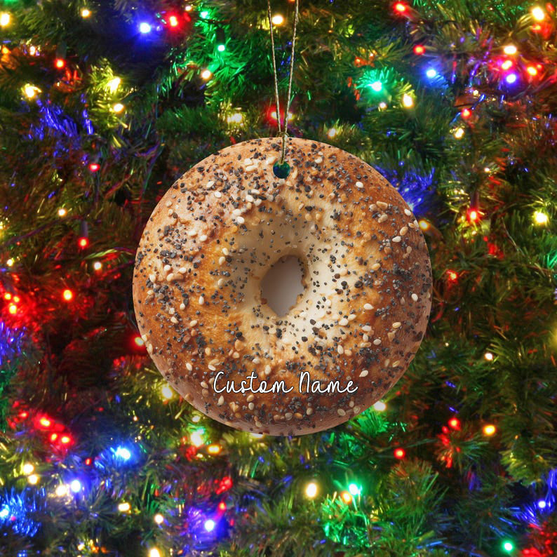 Bagel Ornament, Funny Foodie, NYC Host Gift, Christmas or Hanukkah Ornament, Stoner White Elephant Stocking Stuffer for Bagel Lover, Present