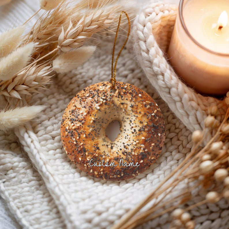 Bagel Ornament, Funny Foodie, NYC Host Gift, Christmas or Hanukkah Ornament, Stoner White Elephant Stocking Stuffer for Bagel Lover, Present
