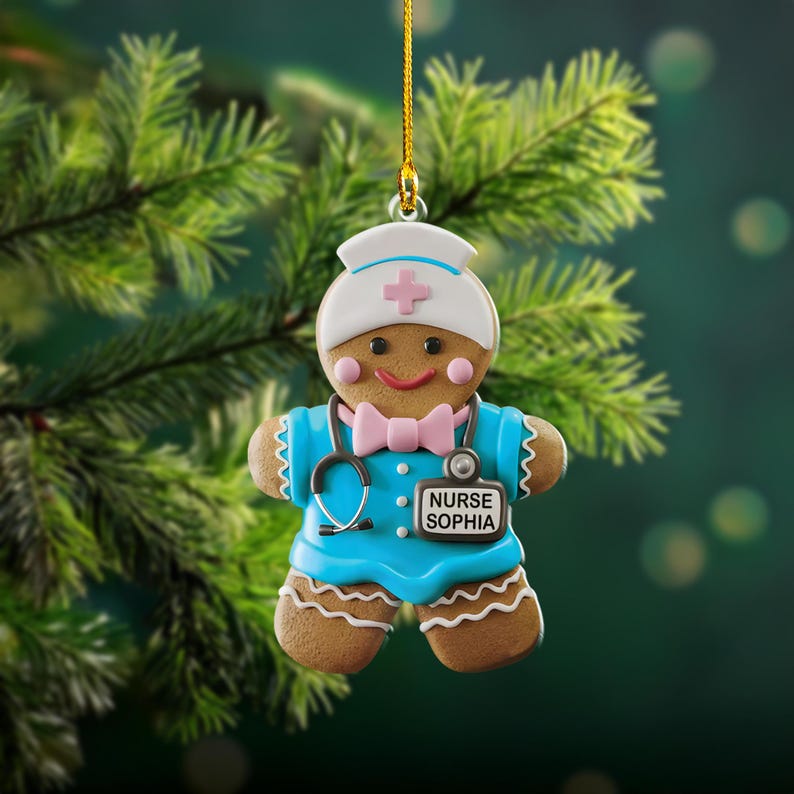 Personalized Gingerbread Nurse 2D Acrylic Ornament, Bow Cookie Nurse Christmas Ornament, Emergancy Nurse, RN Nurse Gifts, NICU Nurse Gift