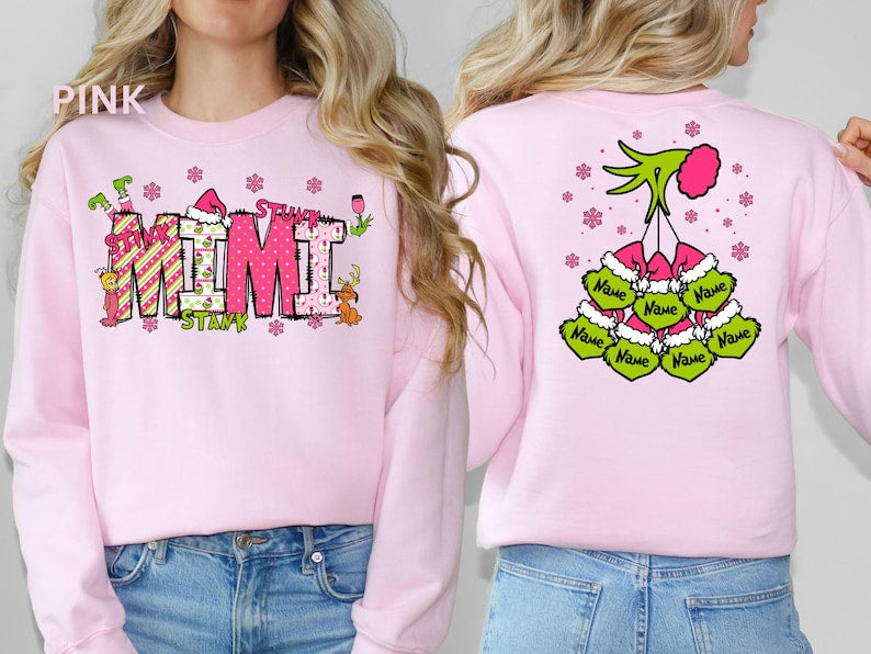 Custom Grinch Sweatshirt, Mommy Christmas Hoodie, Grinch 2 Sides Tee, Xmas Grandma Tee, Mama Grinch Tee, Kids Names Sweatshirt, Xmas Gift