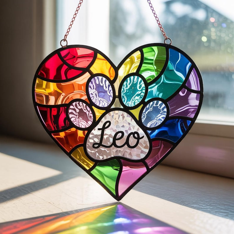 Custom Pet Paw Suncatcher, Faux Stained Glass Heart Ornament, Rainbow Pet Memorial Gift, Personalized Window Decor, Pet Loss Keepsake