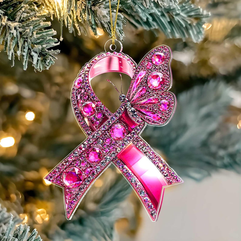 2D FLAT Pink Ribbon Wing Acrylic Ornament, Christmas Breast Cancer Ornament, Breast Cancer Fighter Ornament, Breast Cancer Survivor Decor