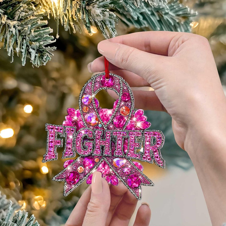 2D FLAT Pink Ribbon Wing Acrylic Ornament, Christmas Breast Cancer Ornament, Breast Cancer Fighter Ornament, Breast Cancer Survivor Decor