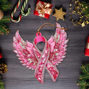 2D FLAT Pink Ribbon Wing Acrylic Ornament, Christmas Breast Cancer Ornament, Breast Cancer Fighter Ornament, Breast Cancer Survivor Decor