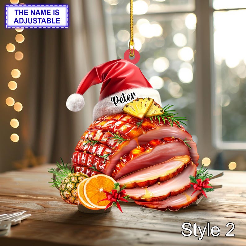 Funny Christmas Ham Ornament Ultra Realistic Honey Glazed Ham with Santa Hat, Festive Food Acrylic Decoration Holiday Gift, Tree hanging