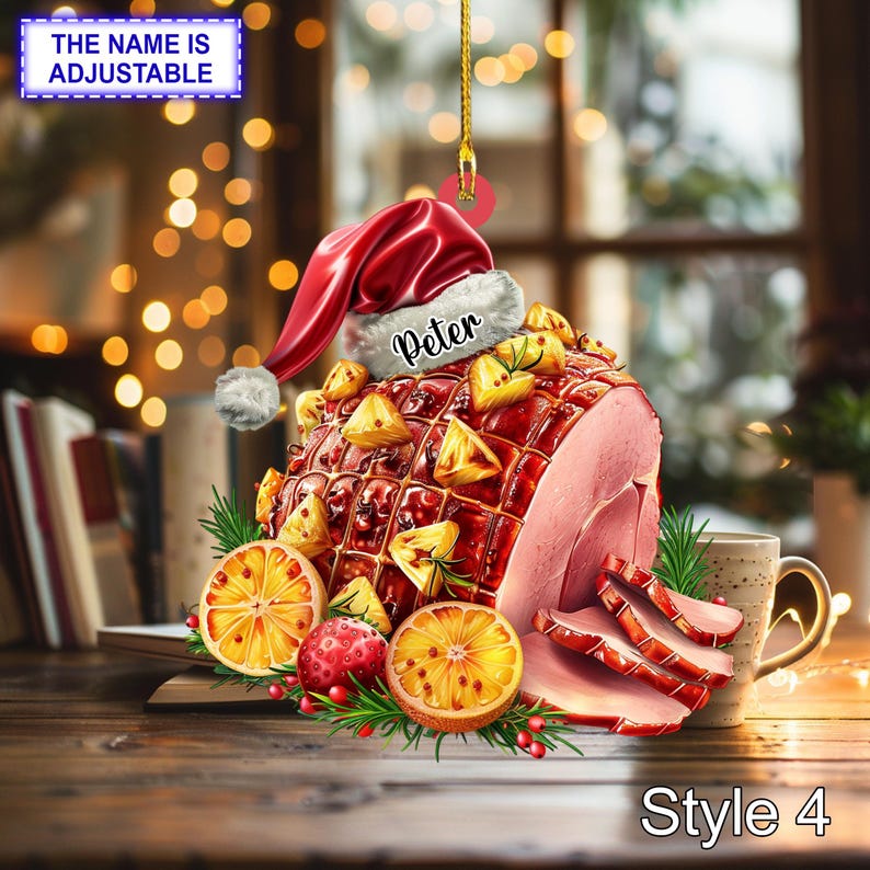 Funny Christmas Ham Ornament Ultra Realistic Honey Glazed Ham with Santa Hat, Festive Food Acrylic Decoration Holiday Gift, Tree hanging