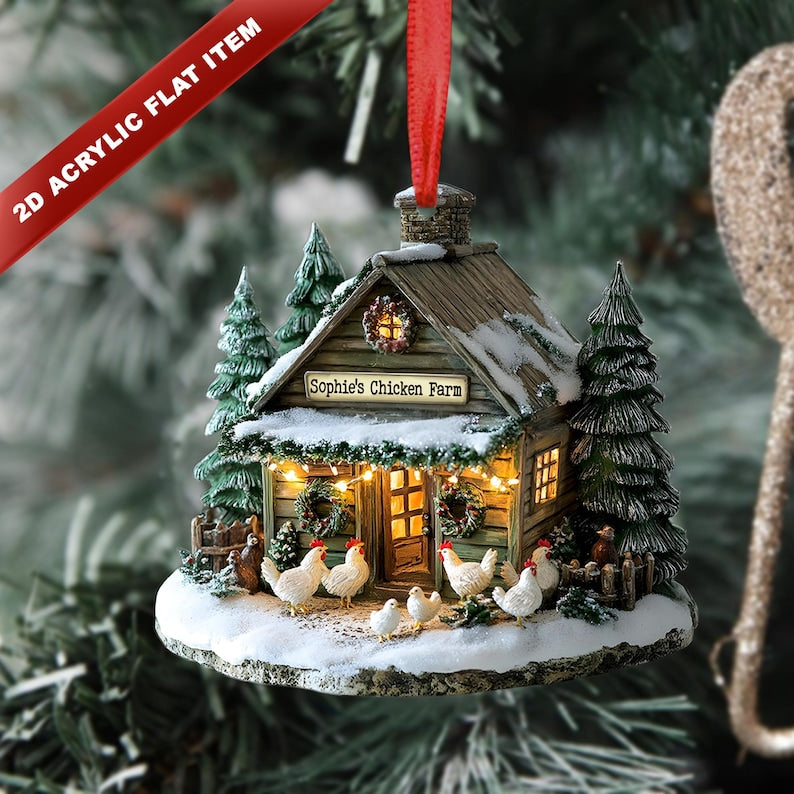Personalized Farmhouse Chicken Barn Christmas Ornament,Chicken Ornament 2D Flat not 3D ,Farmhouse Holiday Tree Decoration for Xmas,Farm Decor