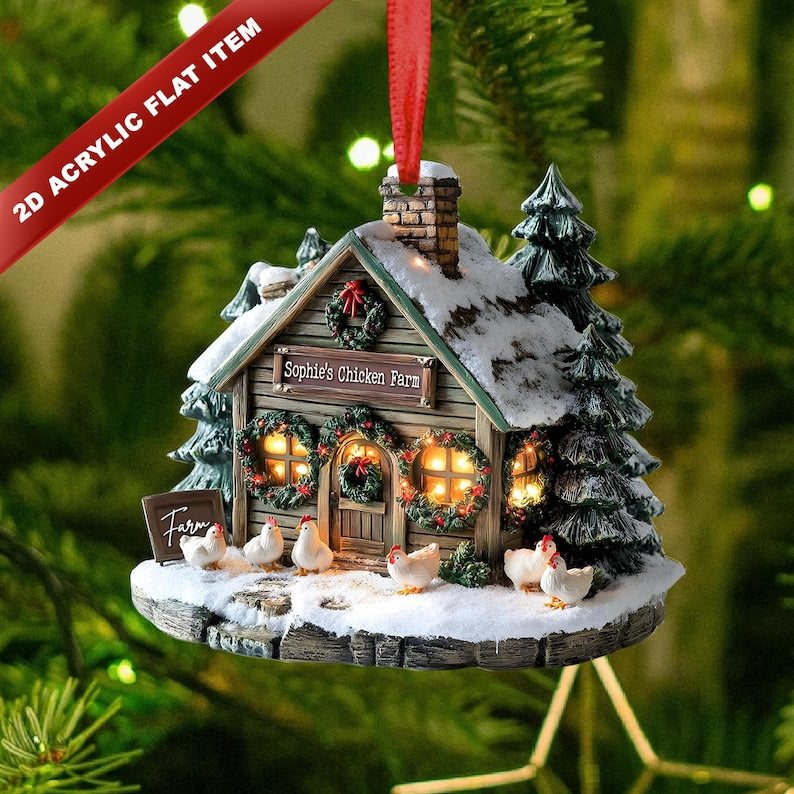 Personalized Farmhouse Chicken Barn Christmas Ornament,Chicken Ornament 2D Flat not 3D ,Farmhouse Holiday Tree Decoration for Xmas,Farm Decor