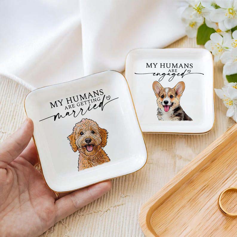 Custom Dog Cat Photo Ring Dish, Engagement Gift For Her, Personalized Pet Portrait Jewelry Trinket Dish, My Humans Are Getting Married