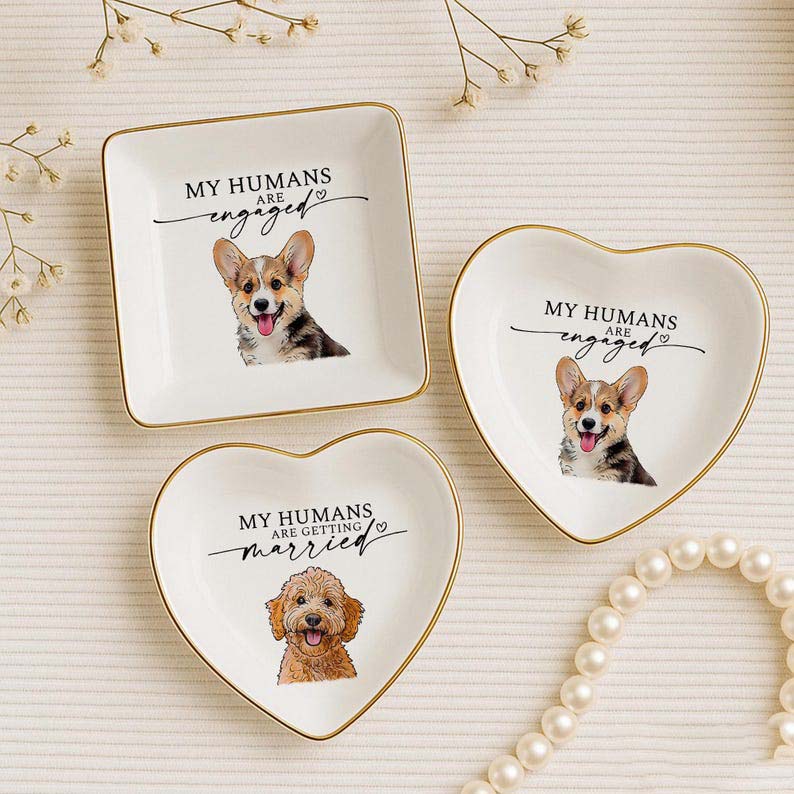 Custom Dog Cat Photo Ring Dish, Engagement Gift For Her, Personalized Pet Portrait Jewelry Trinket Dish, My Humans Are Getting Married