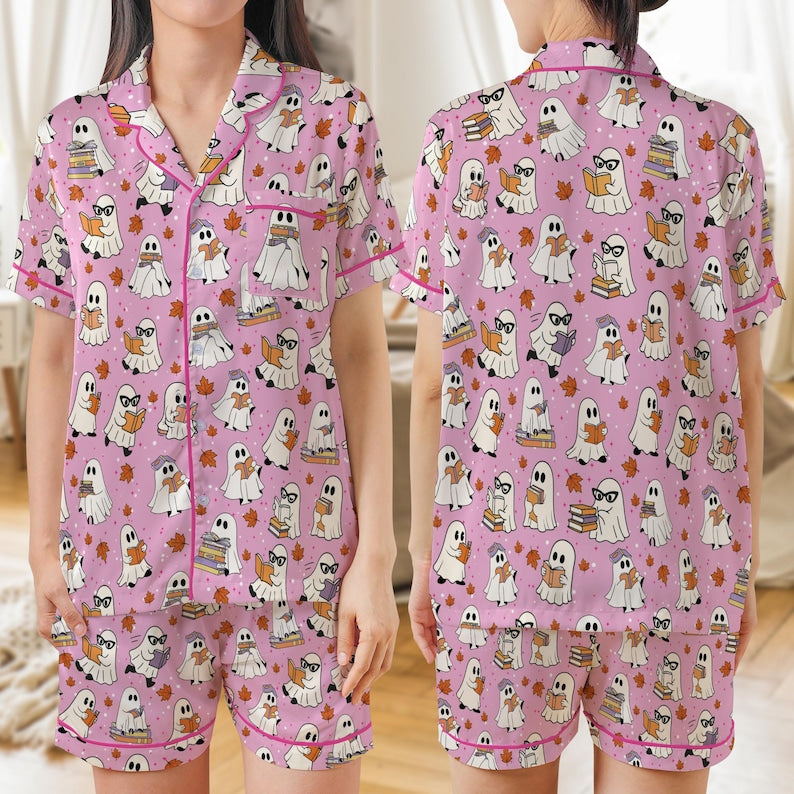 Bookish Ghost Halloween Pajamas, Reading Ghost Satin Pajama Set, Cute Halloween Sleepwear, Book Lover Spooky Loungewear Gift For Women