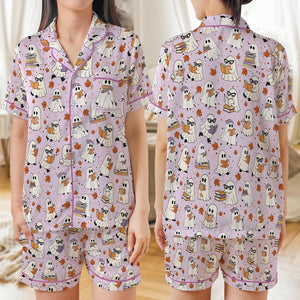 Bookish Ghost Halloween Pajamas, Reading Ghost Satin Pajama Set, Cute Halloween Sleepwear, Book Lover Spooky Loungewear Gift For Women