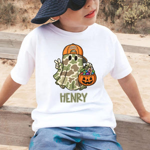 Personalized Camo Ghost Halloween Shirt - Kids Boys Gift