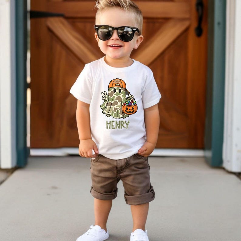 Personalized Camo Ghost Halloween Shirt - Kids Boys Gift