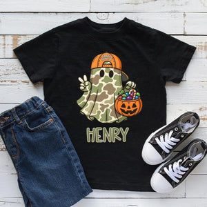 Personalized Camo Ghost Halloween Shirt - Kids Boys Gift