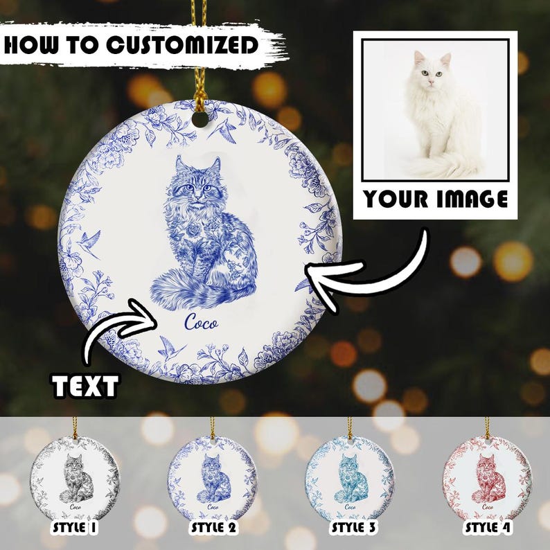 Personalized Cat Ceramic Ornament Custom Pet Portrait Toile De Jouy Style with Name, Elegant Christmas Tree Decor for Cat Lovers