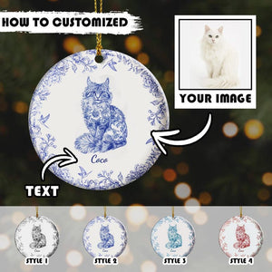 Personalized Cat Ceramic Ornament Custom Pet Portrait Toile De Jouy Style with Name, Elegant Christmas Tree Decor for Cat Lovers