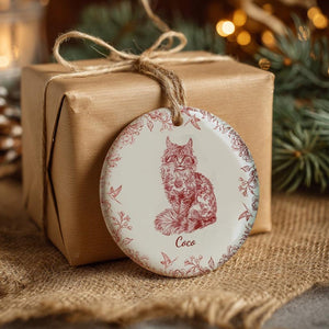 Personalized Cat Ceramic Ornament Custom Pet Portrait Toile De Jouy Style with Name, Elegant Christmas Tree Decor for Cat Lovers