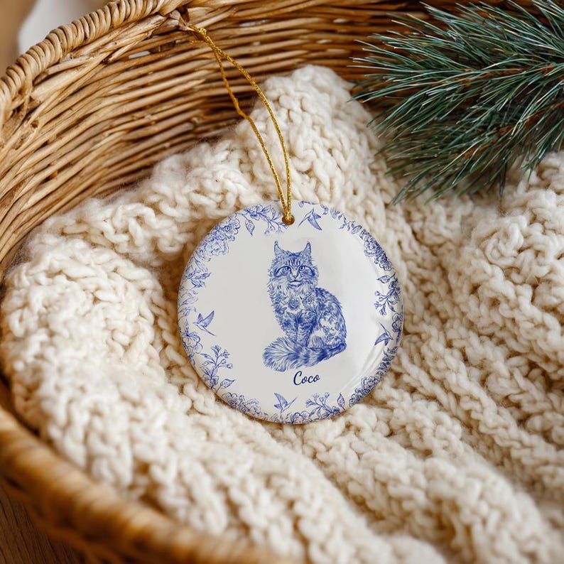 Personalized Cat Ceramic Ornament Custom Pet Portrait Toile De Jouy Style with Name, Elegant Christmas Tree Decor for Cat Lovers