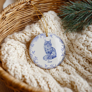 Personalized Cat Ceramic Ornament Custom Pet Portrait Toile De Jouy Style with Name, Elegant Christmas Tree Decor for Cat Lovers