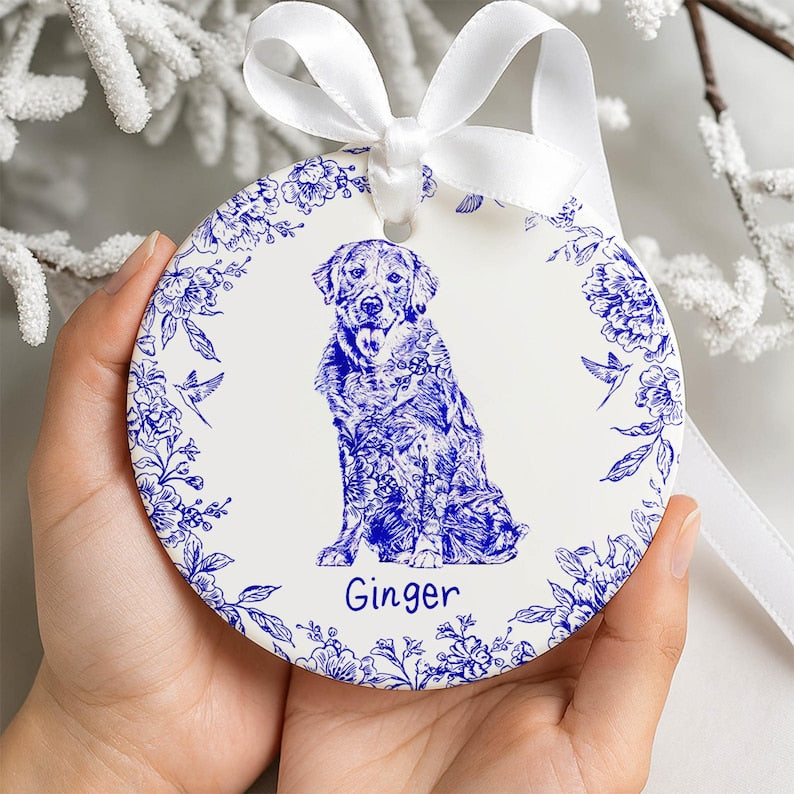 Personalized Dog Cat Ceramic Ornament, Chinoiserie Toile De Jouy Pet Ornament, Pet Loss Keepsake,Memorial Christmas Gift,Gift For Pet Lovers