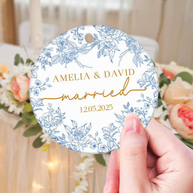 Personalized Wedding Ornament: Blue Toile Newlywed Keepsake