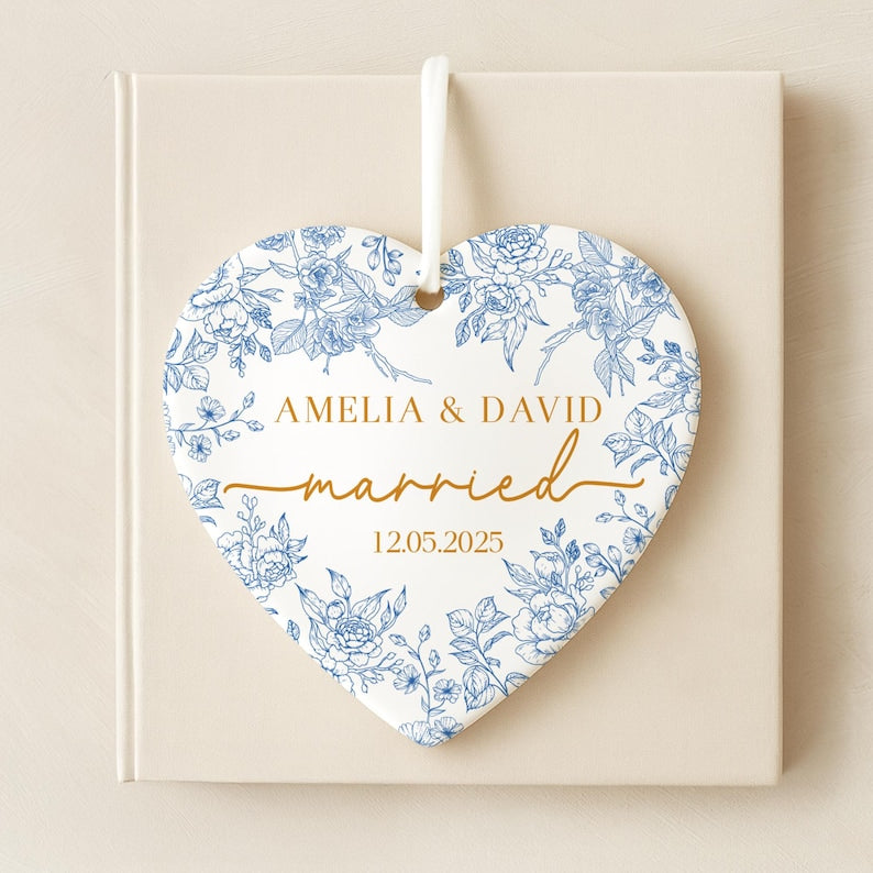 Personalized Wedding Ornament: Blue Toile Newlywed Keepsake