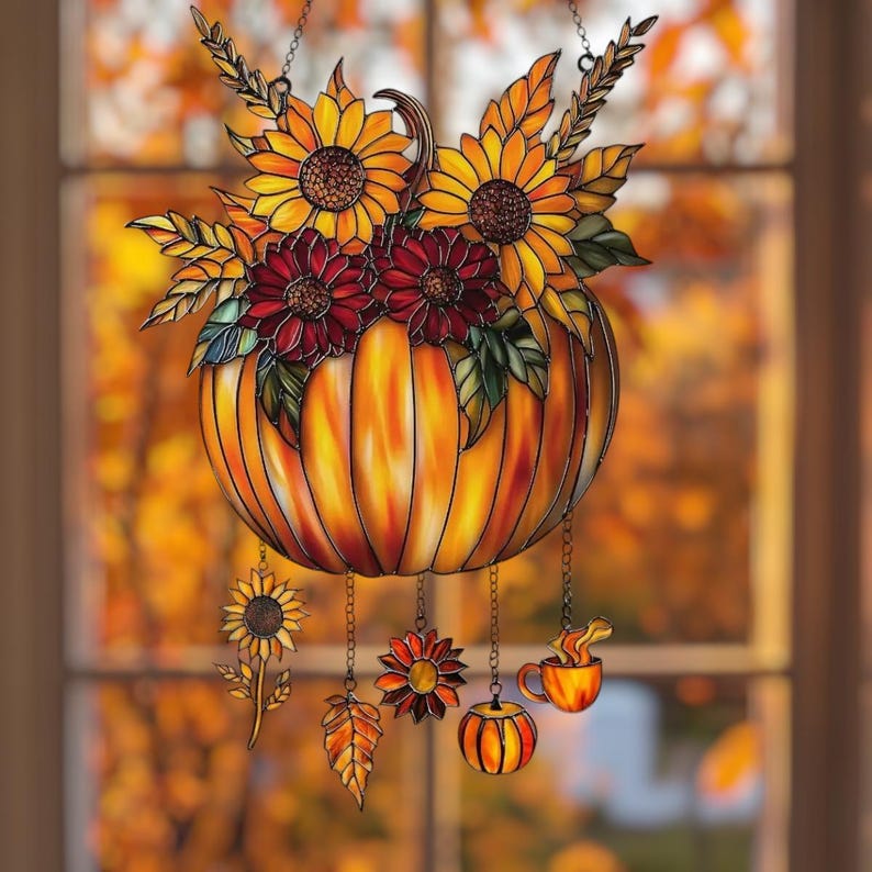 Pumpkin Floral Acrylic Suncatcher - Faux Stained Glass Window Hanging - Autumn Sunflower Decor For Thanksgiving Or Fall Gift