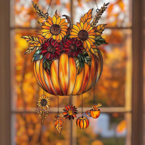 Pumpkin Floral Acrylic Suncatcher - Faux Stained Glass Window Hanging - Autumn Sunflower Decor For Thanksgiving Or Fall Gift