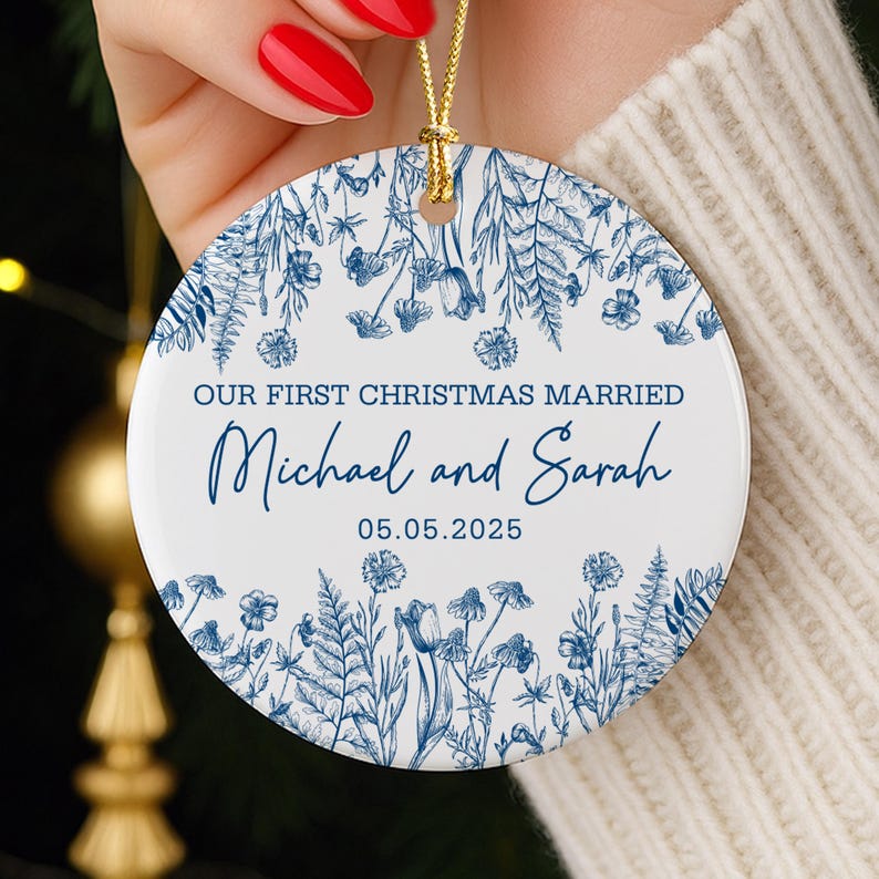 Personalized First Christmas Married Ornament, Custom Newlywed Gift, Blue Toile Ornament, Wedding Date Keepsake, Mr Mrs Ornament,Couple Gift
