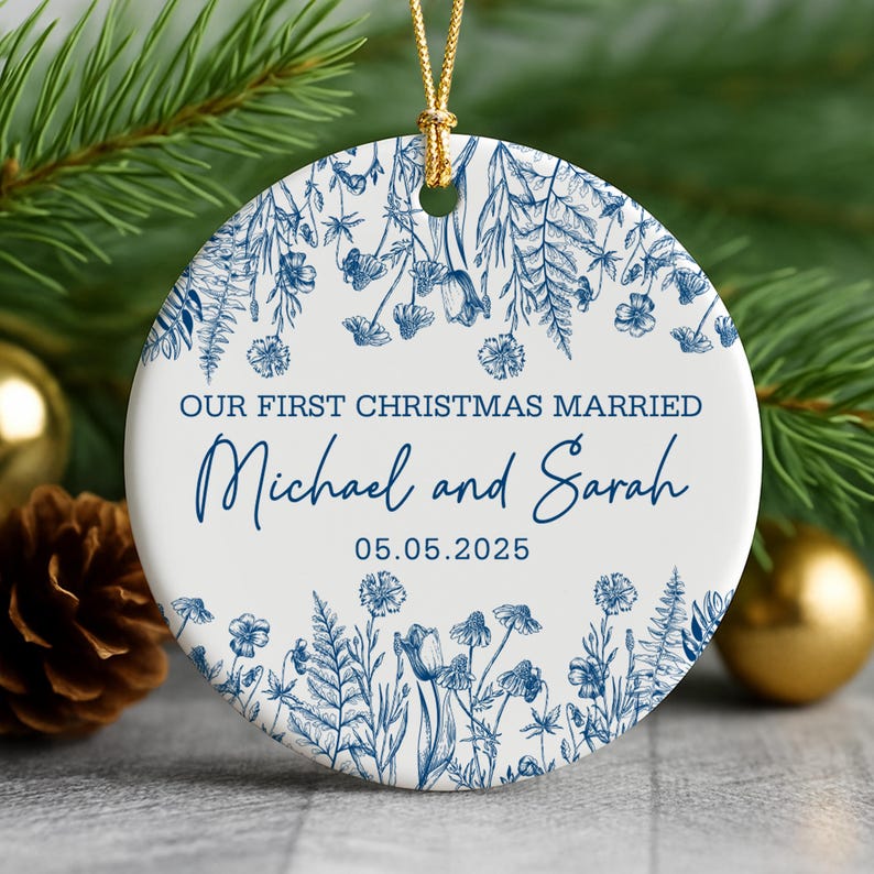 Personalized First Christmas Married Ornament, Custom Newlywed Gift, Blue Toile Ornament, Wedding Date Keepsake, Mr Mrs Ornament,Couple Gift