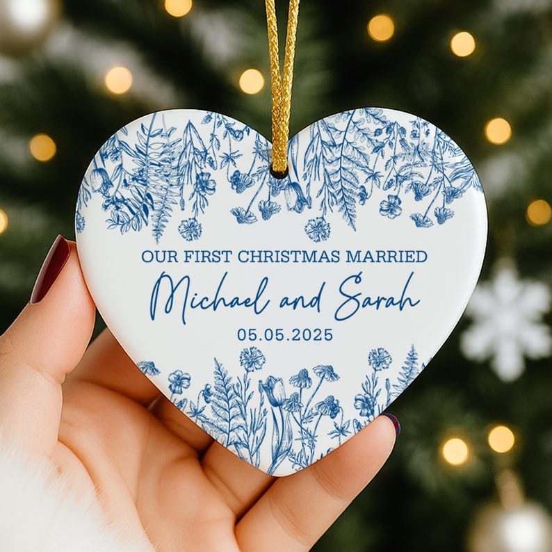 Personalized First Christmas Married Ornament, Custom Newlywed Gift, Blue Toile Ornament, Wedding Date Keepsake, Mr Mrs Ornament,Couple Gift