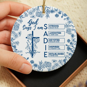 Personalized Christian Name Ornament with Bible Verse, God Says I Am Toile De Jouy Ornament, Christian Christmas Ornament, Religious Gift