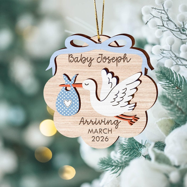 Pregnancy Announcement Ornament 2 Layer Wooden Ornament, Baby Arrival Stork, Cute Gender Reveal Keepsake, New Baby Gift Custom Baby Due Soon