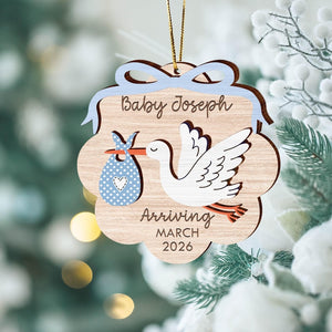 Pregnancy Announcement Ornament 2 Layer Wooden Ornament, Baby Arrival Stork, Cute Gender Reveal Keepsake, New Baby Gift Custom Baby Due Soon