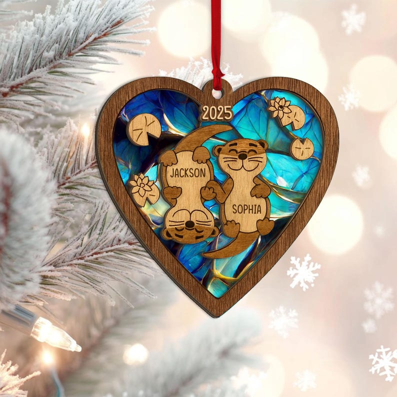 Personalized Otter Couple Layered Wood Ornament, Custom Name Christmas Tree Ornament, Otter Christmas Home Decor, Holiday Gift for Couples