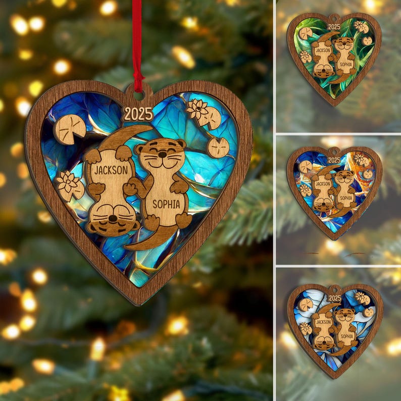 Personalized Otter Couple Layered Wood Ornament, Custom Name Christmas Tree Ornament, Otter Christmas Home Decor, Holiday Gift for Couples