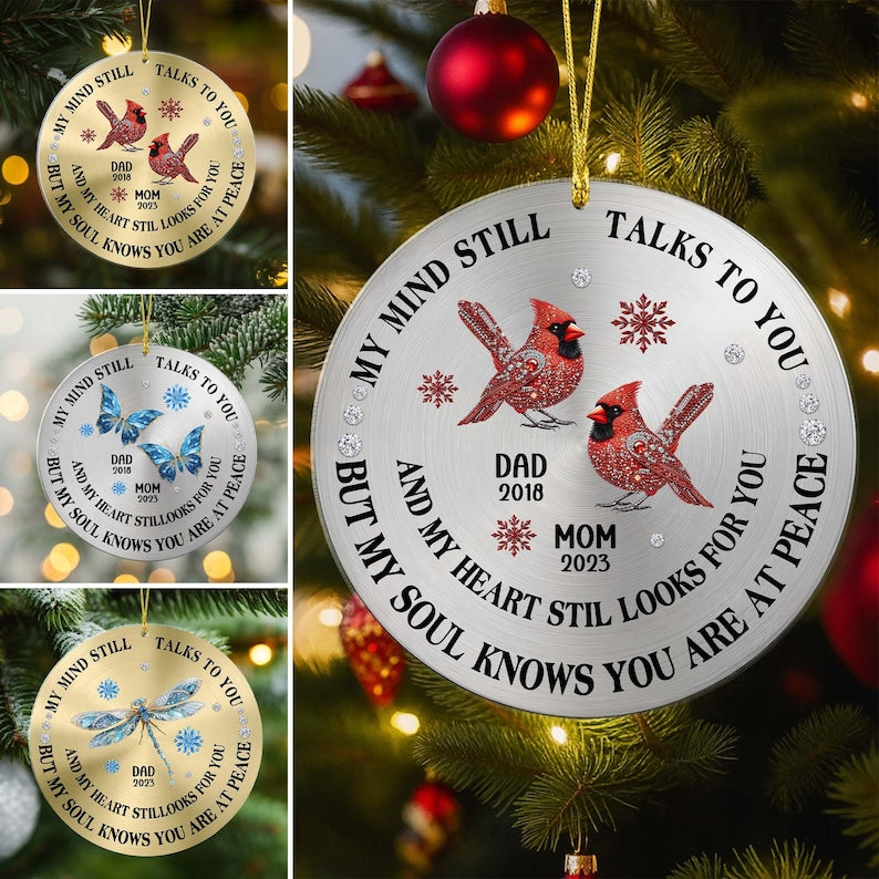 Personalized My Mind Still Talks To You Memorial Christmas Ornament, Custom Memorial Cardinal Ornament, Funeral Remembrance Christmas Decor