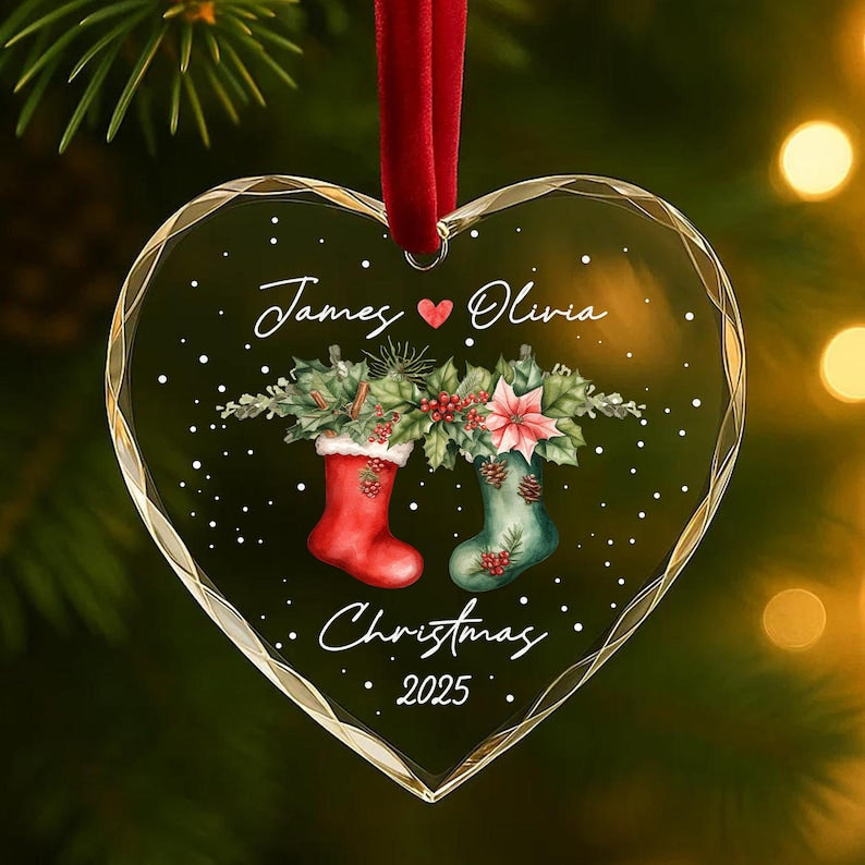 Personalized Christmas Stocking Ornament Custom Names & Year Romantic Couple Holiday Keepsake Handcrafted Glass Tree Decoration