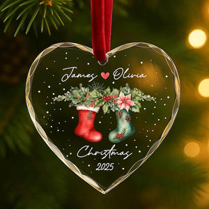 Personalized Christmas Stocking Ornament Custom Names & Year Romantic Couple Holiday Keepsake Handcrafted Glass Tree Decoration